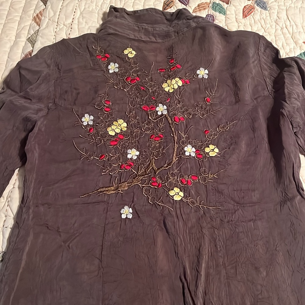 Johnny Was Brown Top with Floral Embroidery